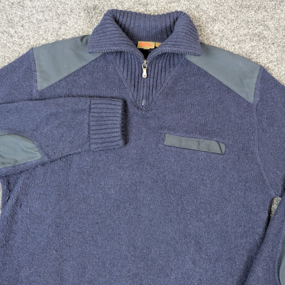 Fjall Raven Koster Sweater Mens Large Navy Blue 100% Wool 1/4 Zip Elbow Patches